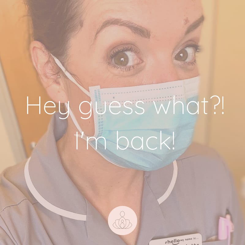 Woman in face mask with the words 'I'm back' overlayed.