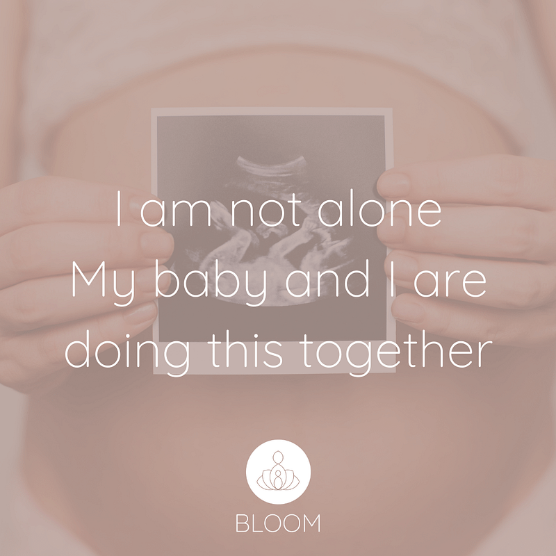 Image of pregnant woman with the words 'I am not alone my baby and I are doing this together.'